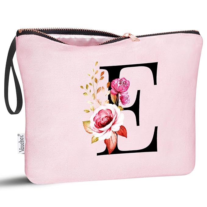 Vavabox A-Z Personalized Makeup Bag, Birthday Gifts for Women Mom, Gifts for Best Friend, Bride Bridesmaid Cosmetic bag (E, Pink)