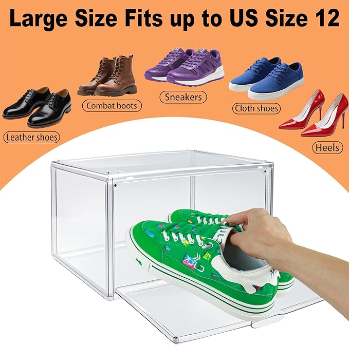 1 Pack Clear Shoe Box, Acrylic Sneaker Display Case Size 12.5, Transparent Storage Box with Magnetic Door, Showcase for Cosmetic, Displays, Action Figures Collectibles, Size 12.5 for Men Women Shoes