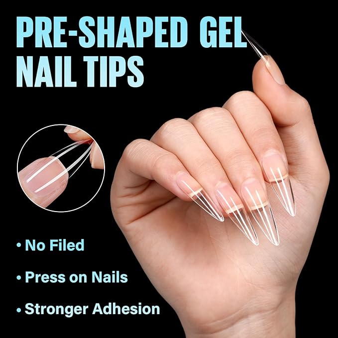 TOMICCA Long Stiletto Nail Tips 240Pcs Pre-Shape Long Almond Nail Tips Full Cover Gel Press On Nails Tips Stiletto For Nail Extension DIY Salon 12 Sizes