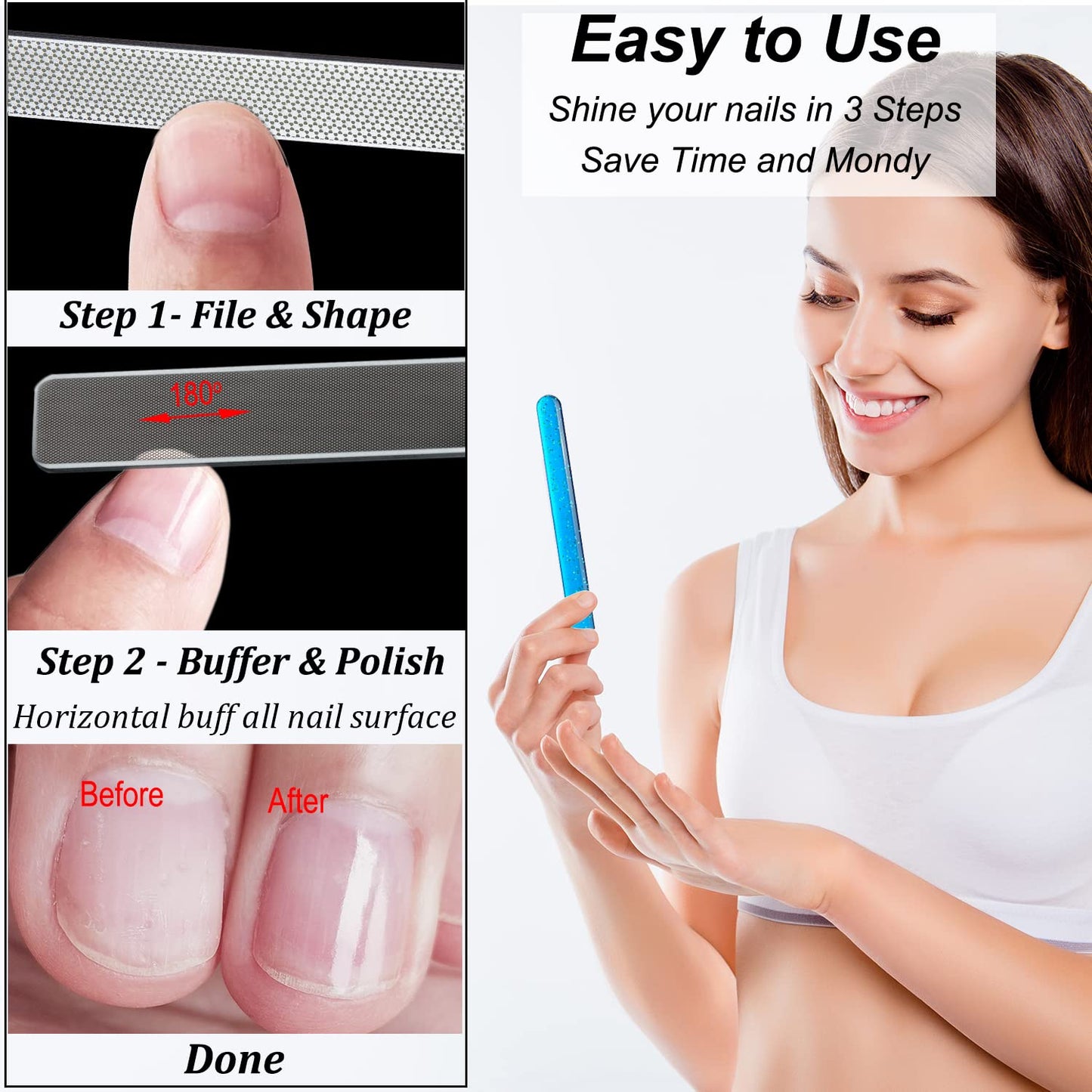 Diamond Nail File with Crystal Nail Shiner Set, Stainless Steel Nail File with Nano Glass Buffer, Metal Sapphire File with Nail Polisher, Professional Manicure Pedicure Kit for Salon Home and Travel