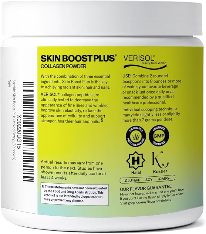 Sparkle Wellness VERISOL Bioactive Hydrolyzed Collagen Peptides | Collagen Powder with Vitamin C & Hyaluronic Acid for Hair, Skin, and Nail Health | Skin Boost Plus (Mixed Berry) [30-Serves]