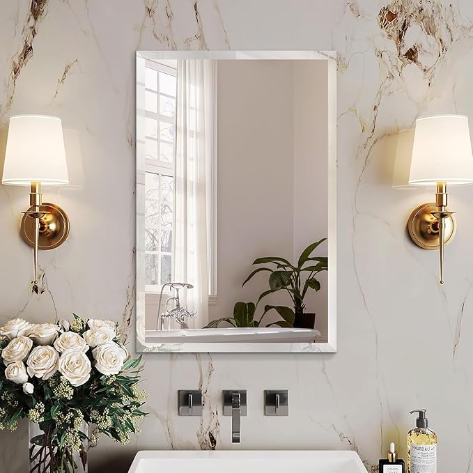 Rectangle Bevelled Frameless Mirror - Wall Mirror 30” x 40”, Shatterproof Modern Bathroom Mirror for Gym, Bathroom Vanity, Entryways with Bevelled Edge, Horizontally or Vertically