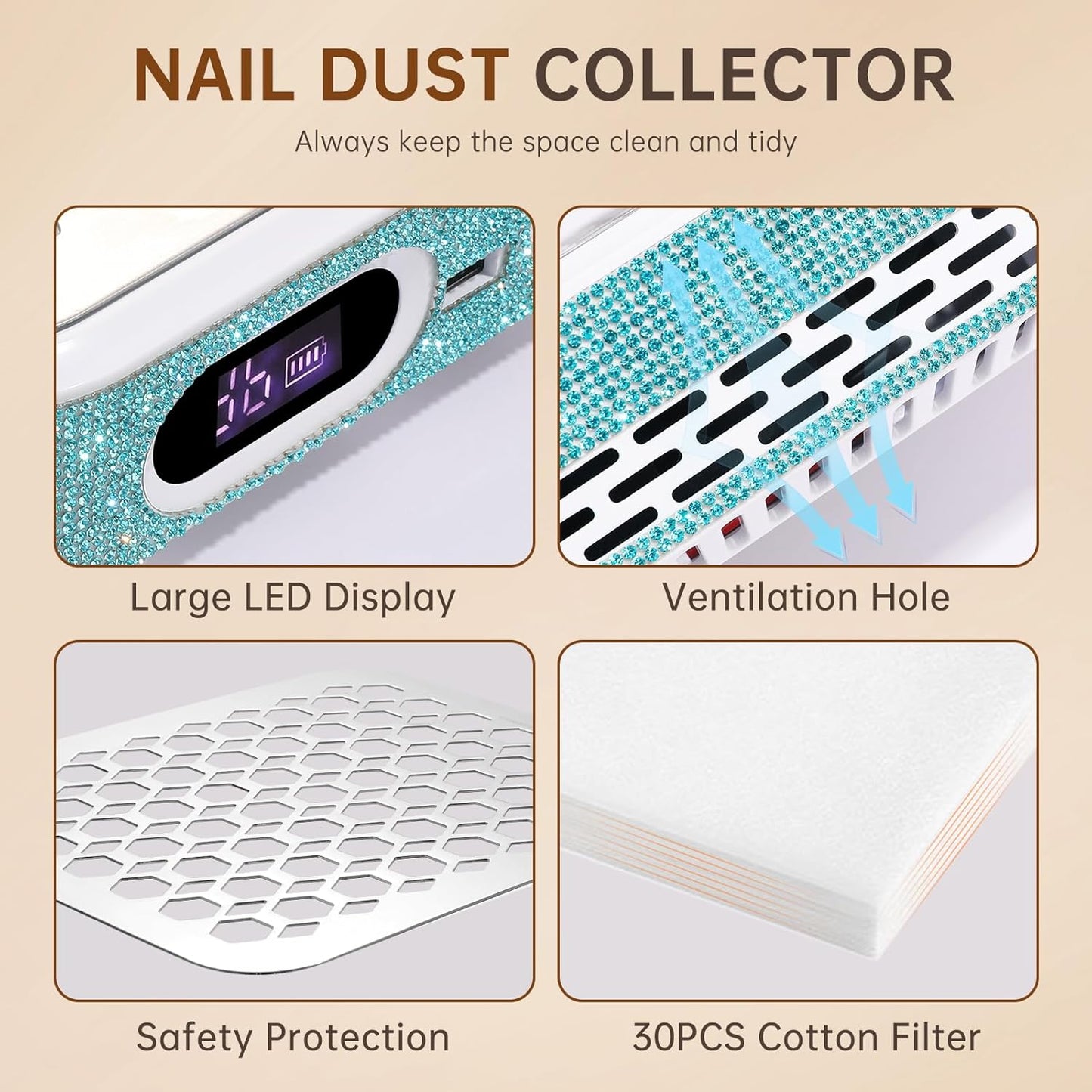 Nail Dust Collector, Rechargeable Dust Collector Nail Tech, Powerful Vacuum Fan Vent Dust Collector Extractor Dust Suction Machine for Acrylic Nails Polishing, Nail Salon&Home, Blue