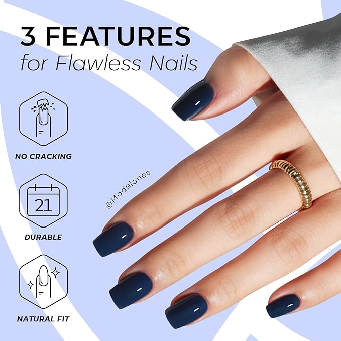 Modelones Navy Blue Press on Nails, Short Square Fake Nails, Reusable Nail Kit with Nail Glue Adhesive Tabs Mini Nail File, Nails Press Ons 32Pcs16 Sizes, Women Girl Gift
