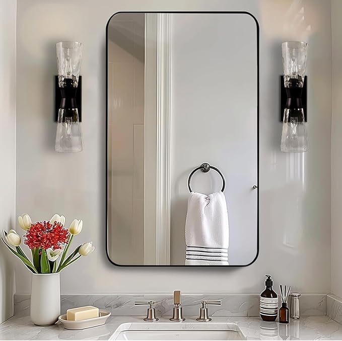 ANDY STAR 30”x48” Black Bathroom Mirror, Wall Mirror for Bathroom, Rounded Rectangle Mirror in Premium Stainless Steel Metal Frame Hangs Horizontal Or Vertical (Matte Black)