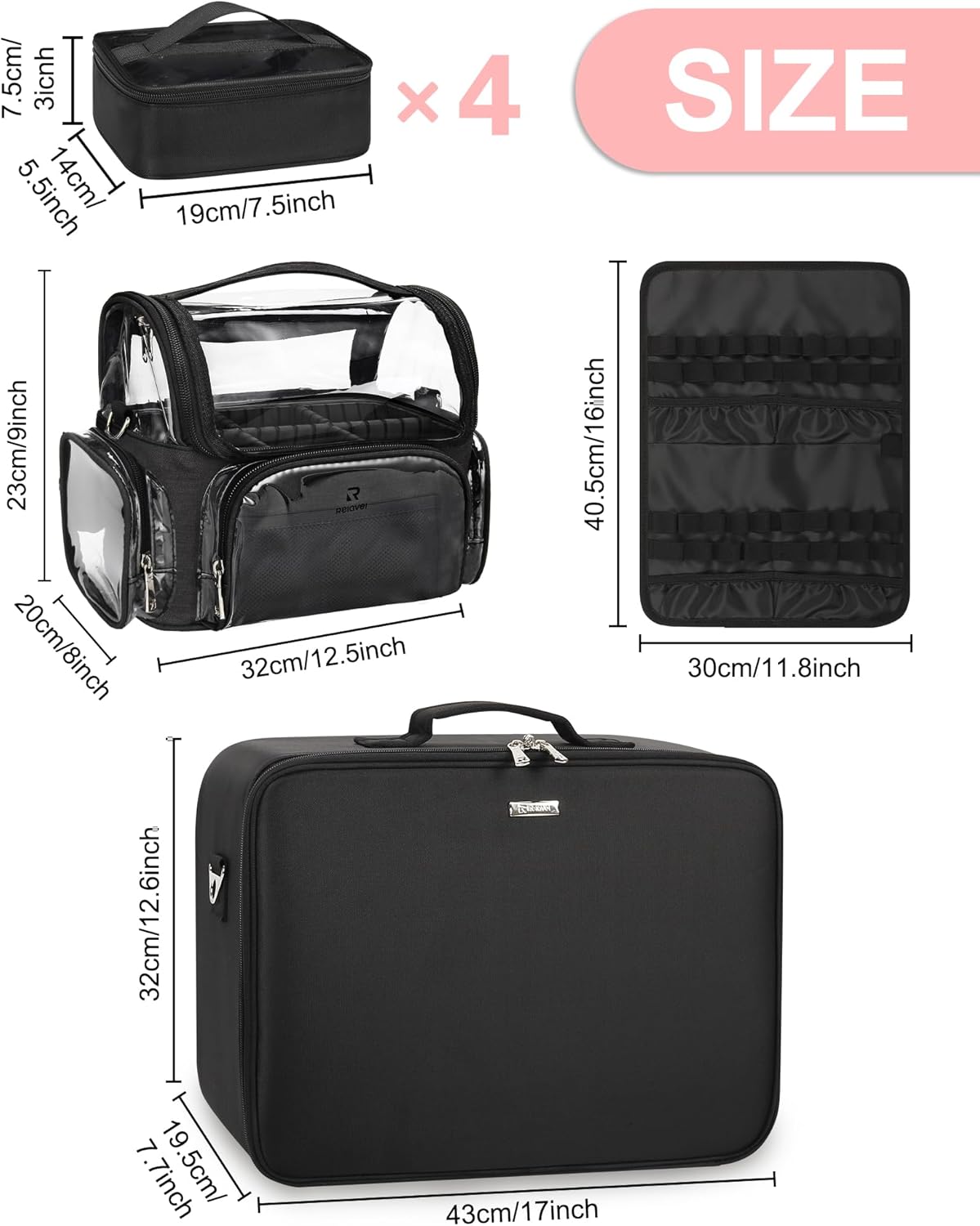 Relavel Extra Large Makeup Case Professional Cosmetic Storage Organizer Box Brush Holder with 4 Clear Set Bags & Lipstick Plate & Clear Makeup Brush Case for Makeup Artists Black