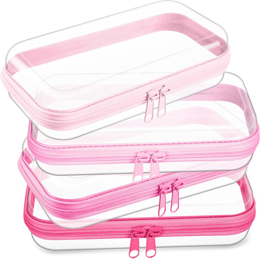 Hoolerry 4 Pcs Hard Clear Zipper Case Makeup Bags Plastic Pencil Pouch Transparent Storage Box Containers for Cosmetics, Snacks, Building Blocks, Puzzles(Pink,7.5 x 3.9 x 2 in)