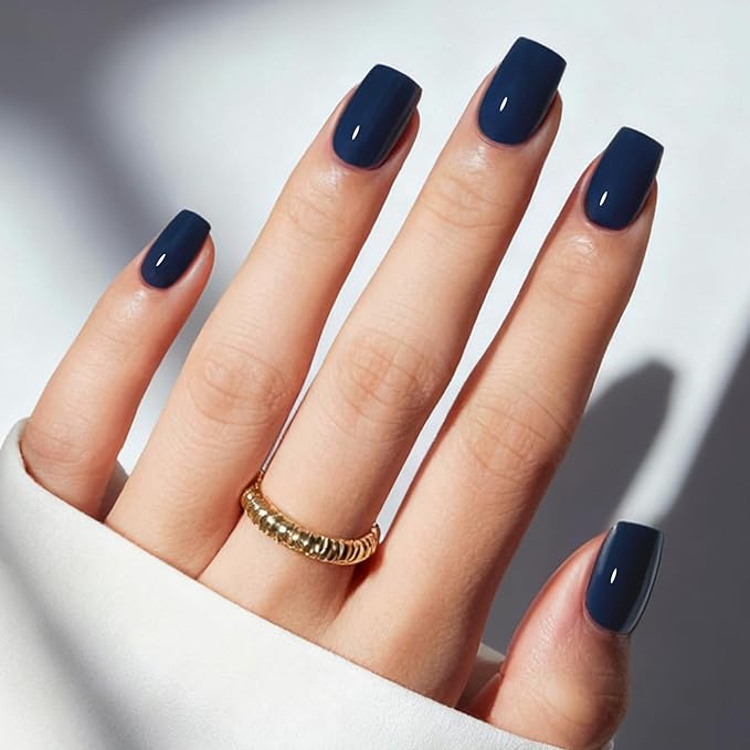 Modelones Navy Blue Press on Nails, Short Square Fake Nails, Reusable Nail Kit with Nail Glue Adhesive Tabs Mini Nail File, Nails Press Ons 32Pcs16 Sizes, Women Girl Gift