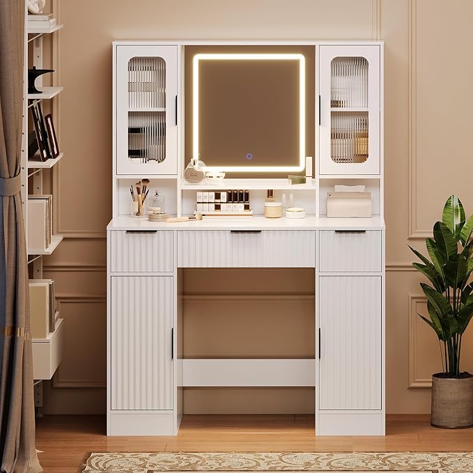 Large Vanity Desk with LED Lighted Mirror, Makeup Vanity Table with 2 Glass Cabinets, 2 Large Cabinets, 3 Drawers & 3 Shelves, Vanity Desk for Bedroom Bathroom, White