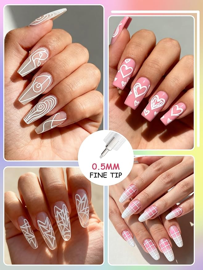 EBANKU 0.5MM Nail Art Pens, 3D Nail Polish Pens Quick-Drying Fine Tip Nail Art Markers Painting Pen Nail Point Dotting Liner Pen Tools for DIY Home Salon Nail(1Pc White)