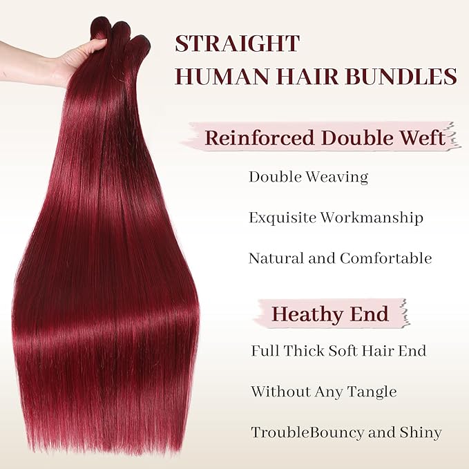 99J Burgundy Human Hair Bundles 16A Raw Straight Bundles Human Hair,100% Unprocessed Burmese Virgin Remy Hair Extensions,No Tangle Shedding (99J Burgundy Bundles, 22 24 26 Inch)