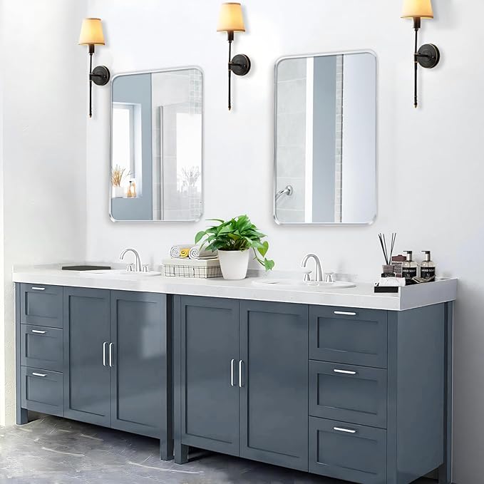 Wall Mount Mirror for Bathroom, Brush Silver Metal Framed Rounded Corner Rectangular Vanity Mirror (16" x 20", Silver)