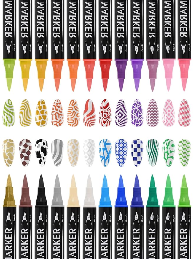 EBANKU Nail Art Pens For Painting Nails, 24 Colors Double-Ended Nail Art Marker Quick-Drying Nail Polish Pen For 3D Nail Art, Fine Tip Nail Point Dotting Tool Drawing Pen For DIY Beauty Adorn Manicure