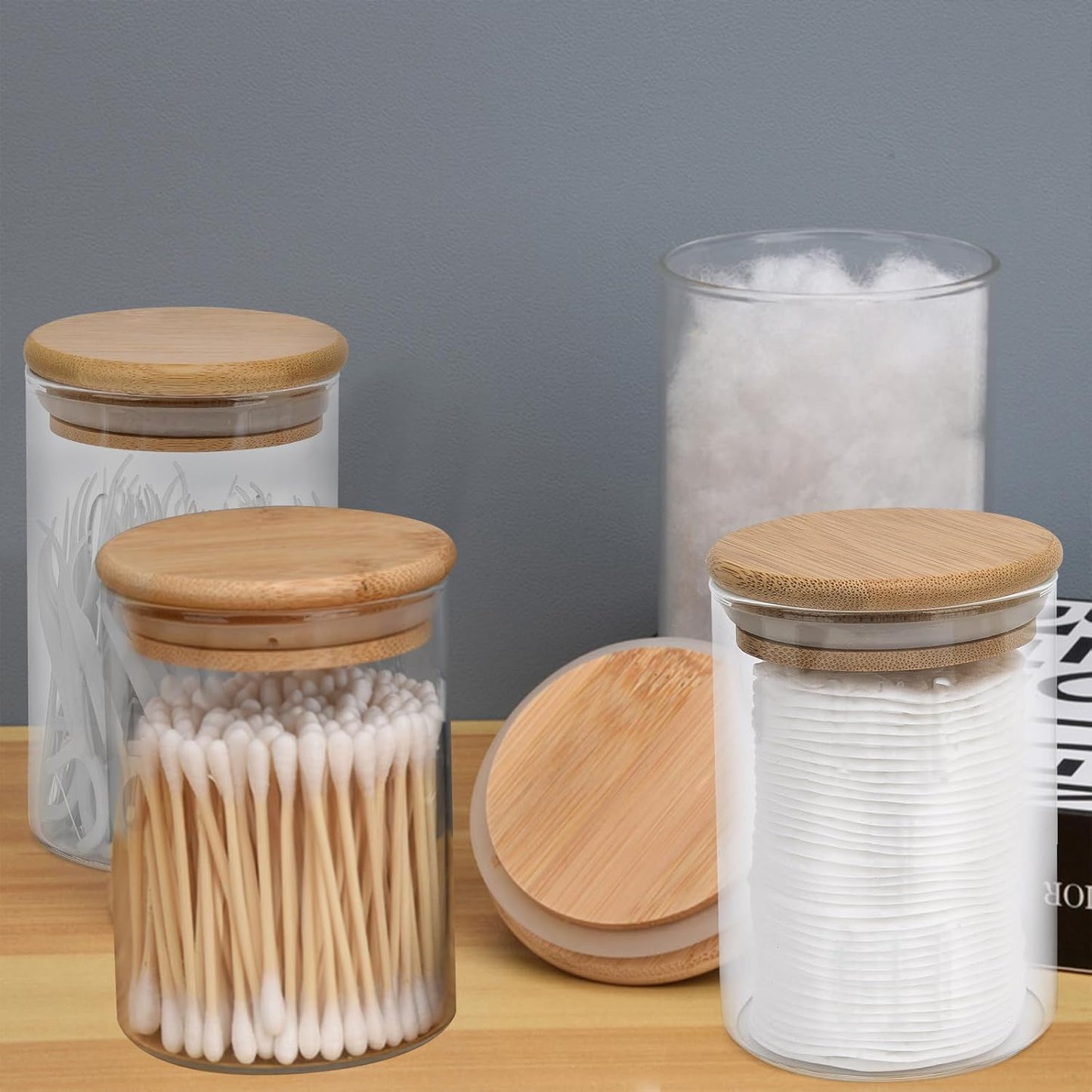 4 Pack Glass Qtip Holder Dispenser Set - Apothecary Jars with Lids for Vanity Makeup Organizer - Bathroom Canister Storage Organizer for Cotton Ball, Swab, Round Pads,Floss