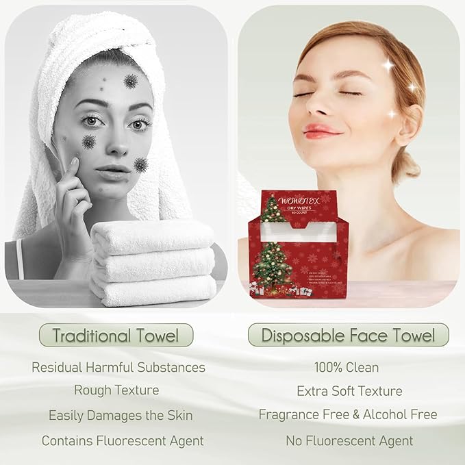 Christmas Style WOWOTEX Disposable Face Towel Biodegradable Large Dry Face Wipes 120 Count/2 Box Extra Thick Soft Clean Facial Towels for Sensitive Skin, Facial Cleansing, Nursing, 10"×12"