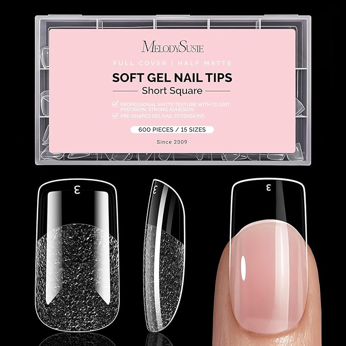 MelodySusie Short Square X Nail Tips - 600Pcs 15 Sizes Clear Acrylic, Half Matte Full Cover Press on Nails for DIY Extension & Salon Use, Pre-Shaped for Long-Lasting Manicure, Fall Winter Nails