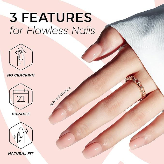 Modelones Nude Pink Press on Nails, Valentines Short Square Fake Nails, Semi-Transparent Reusable Nail Kit with Nail Glue Adhesive Tabs Mini Nail File, Nails Press Ons 32Pcs16 Sizes, Women Girl Gift