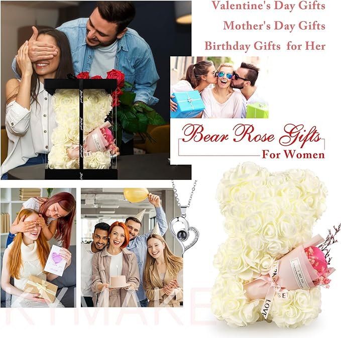 Valentines Day Gifts for Her Rose Bear, Rose Teddy Bear Birthday Gift for Girlfriend Wife, Rose Flower Gift for Women,Valentines Gifts for Her,Flower Bear with I Love You Necklace