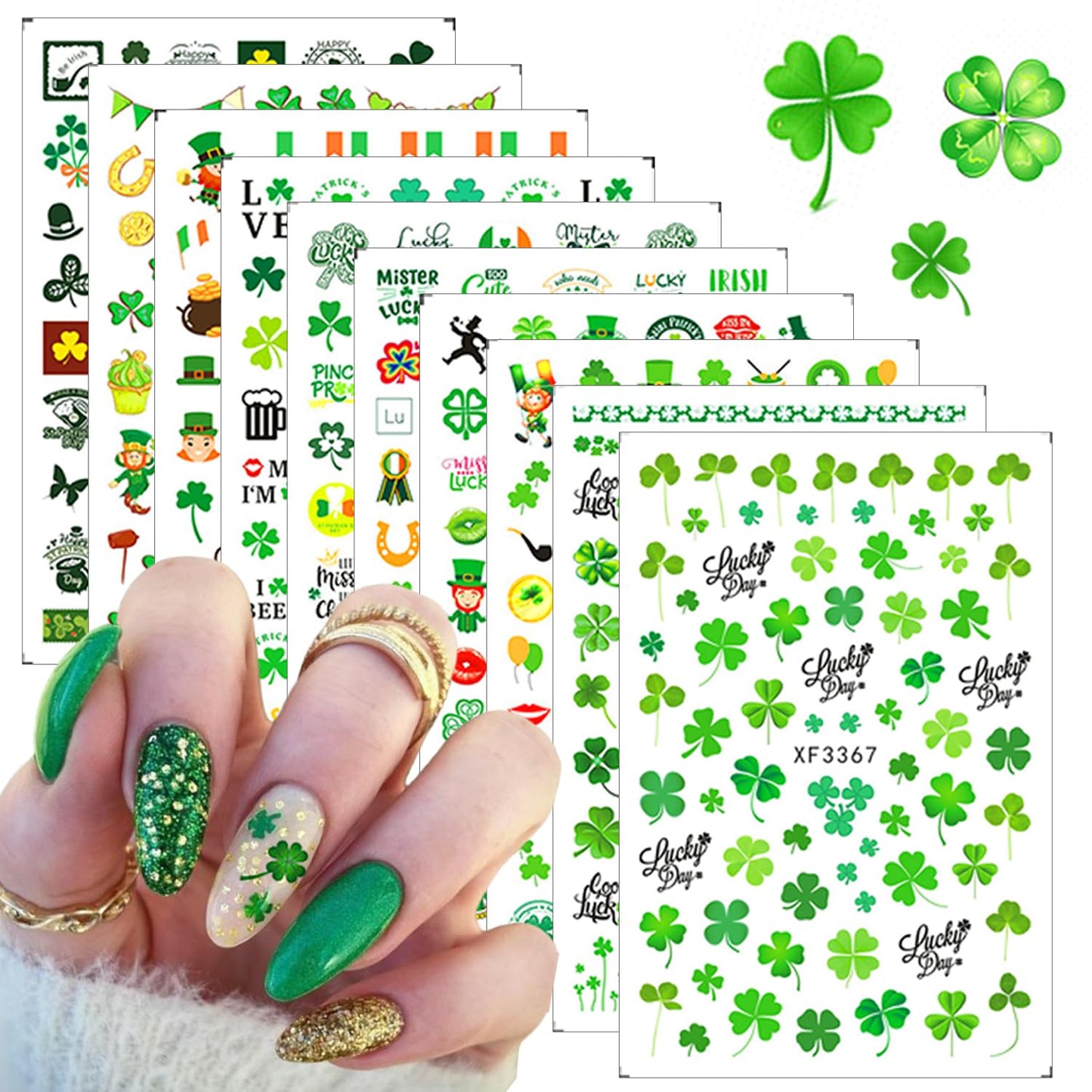 10 Pcs St. Patrick's Day Nail Art Stickers Luck of The Irish Nail Decals Shamrock Nail Stickers Green Spring Foil Decals Clover Nail Art Design Saint Patrick's Day Nail Decoration Supplies for Women
