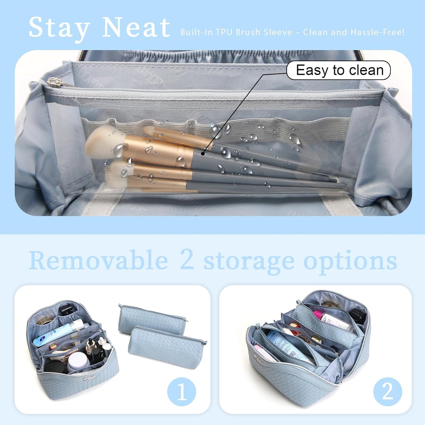 BOYATU Travel Makeup Bags for Women: Large Makeup Organizer - PU Leather Make up Bag Set of 3 - Portable Toiletry Bag with Compartments & Handle & Divider (L04 Light Blue)