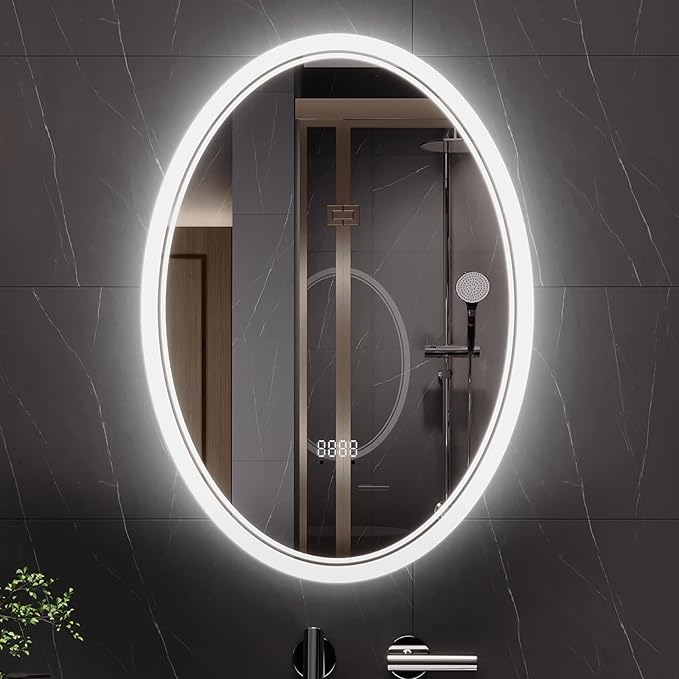28x36 Inch LED Bathroom Mirror – Anti-Fog, Shatter-Proof Oval Makeup Mirror with Front & Backlit Lighting, 3 Color Modes & Stepless Dimming, Digital Time/Temperature Display, Vanity Mirror