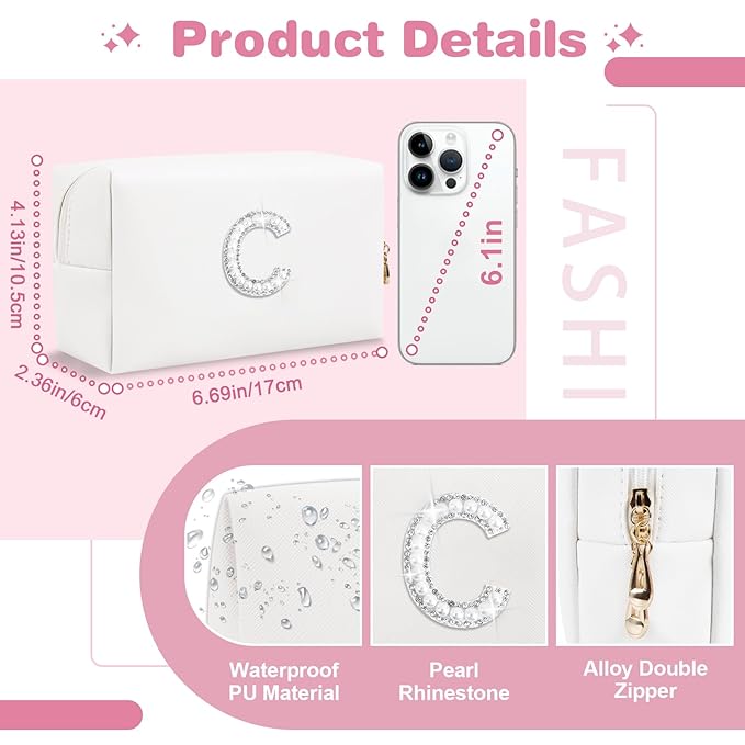 Bride Gifts – Personalized Initial Makeup Bag with Pearl Rhinestone Patch, Preppy White Monogram Cosmetic/Toiletry Pouch, bridesmaid Gifts, Bridal Shower Gifts, Wedding Gifts, Bridal Gifts,C