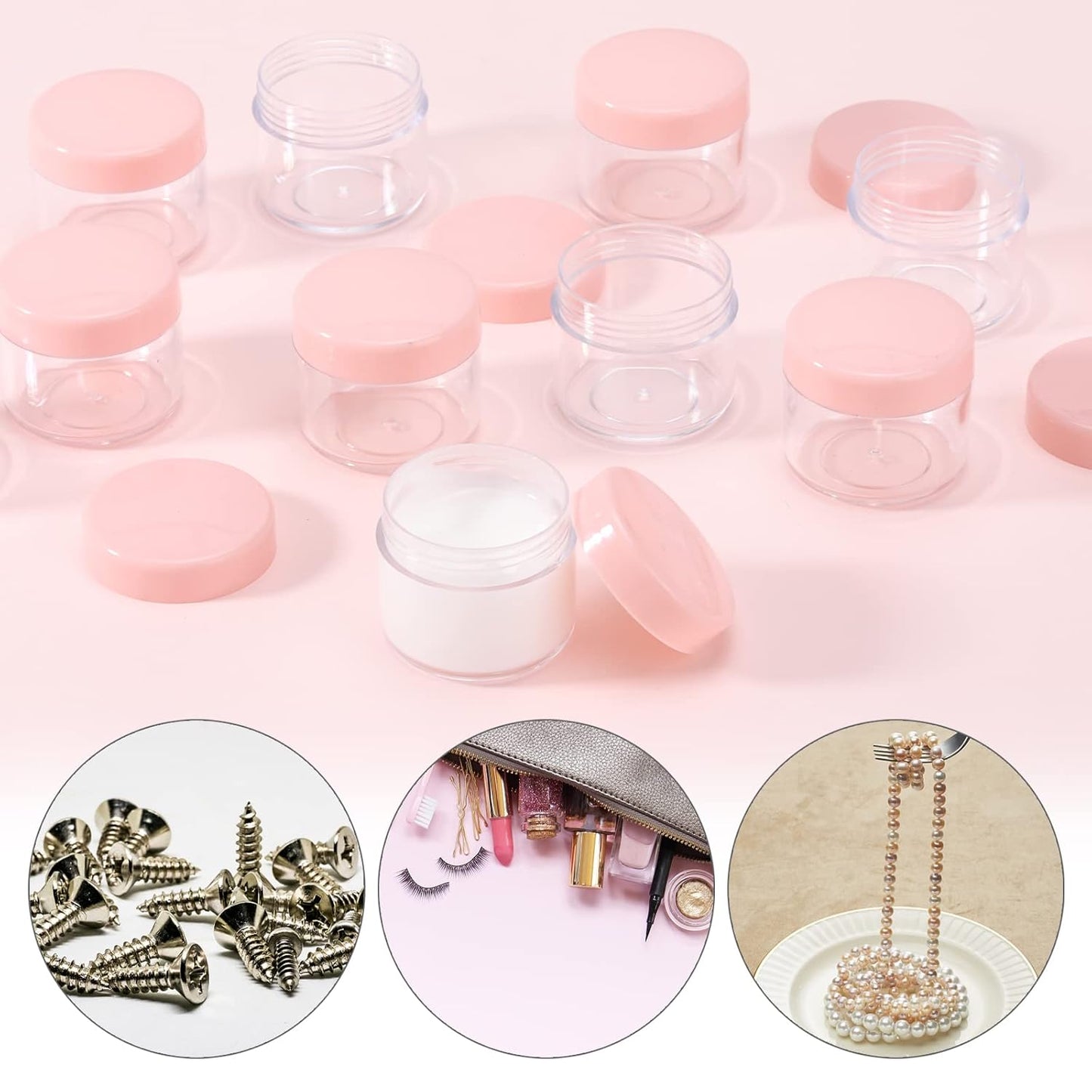 100 Count 20g Sample Containers with Lids，Refillable Cosmetic Containers Small Plastic Jars Lip Scrub Container - Pink