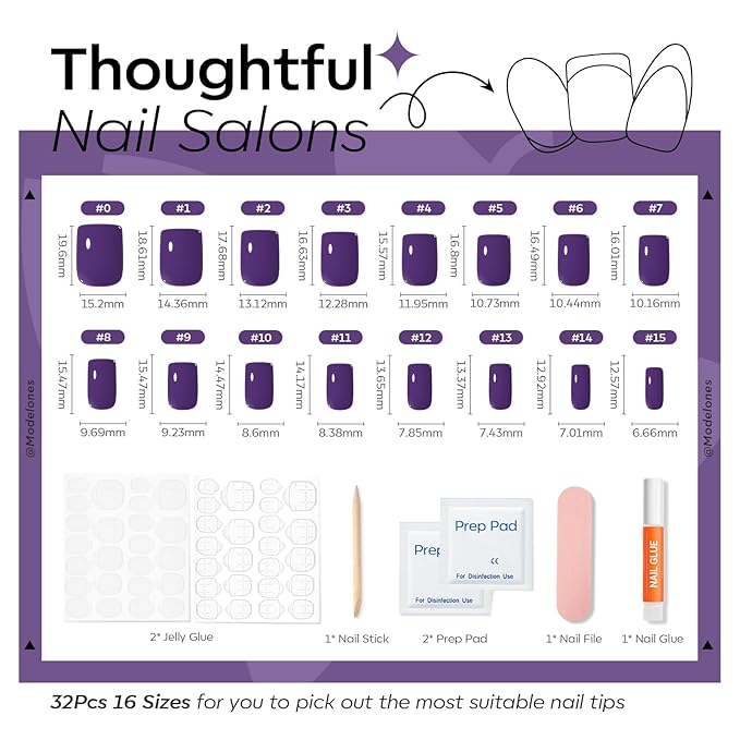 Modelones Midnight Purple Press on Nails, Short Square Fake Nails, Reusable Nail Kit with Nail Glue Adhesive Tabs Mini Nail File, Nails Press Ons 32Pcs16 Sizes