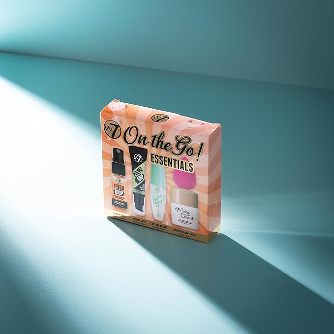 W7 On the Go Essentials Set - Mini Makeup Must-Haves with Primer, Setting Spray, Mascara, Golden Glow Bronzing Drops & Beauty Sponge - Travel or Handbag Size Essentials