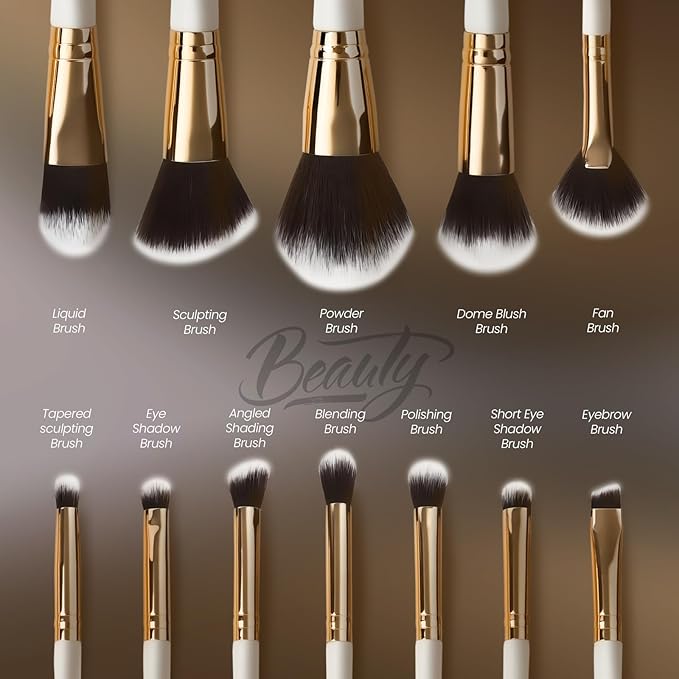 Makeup Brushes Set 12 Pcs Professional & Beginner Friendly, Soft Synthetic Make Up Brush Bristles for Face Eyeshadow, Easy to Clean with Case, Ergonomic Wooden Handle, Gift for Women (Dark White)