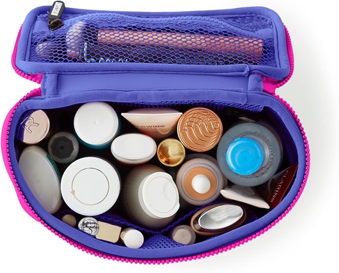 KUSSHI Neoprene Train Case Makeup Bag - Washable Makeup Travel Bag & Vanity Case for Stress Free Travel (Small, Pink/Indigo)