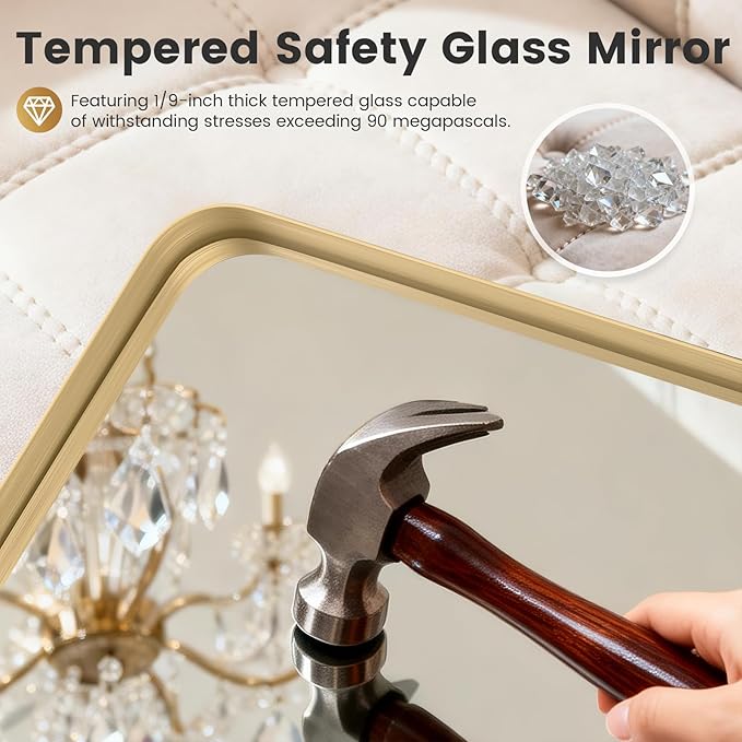 20X30 Inch Gold Metal Framed Bathroom Mirror for Wall, Gold Rounded Rectangle Mirror, Brushed Gold Bathroom Vanity Mirror Farmhouse, Anti-Rust, Tempered Glass, Hangs Horizontally or Vertically