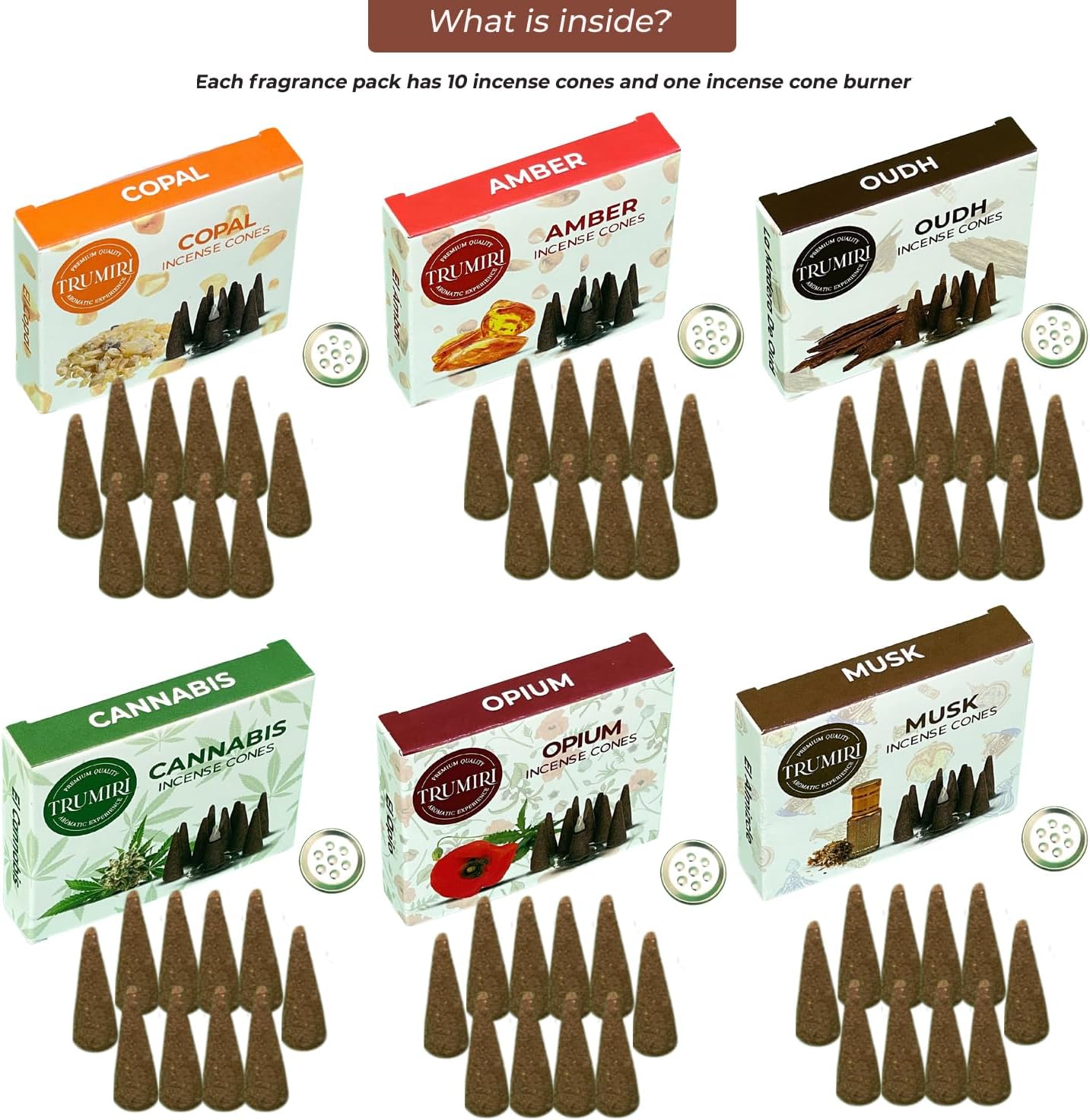 TRUMIRI Exotic Incense Cones - Variety Pack - Total 60 Cone Incense (6 Scents x 10 Conos) - Copal, Oud, Musk, Amber - Cone Incense Scents - Insense Cones - Incent Cone