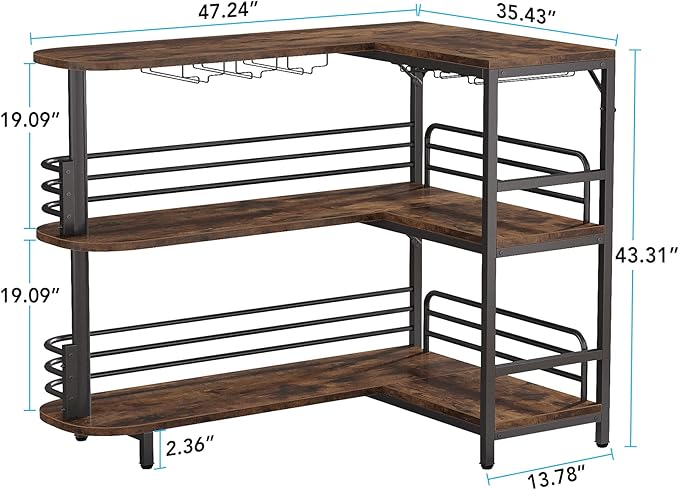 Tribesigns L-Shaped Home Bar Unit, 3 Tier Liquor Table With Storage Shelves and Wine Glasses Holder, Industrial Corner Wine Cabinet Mini Bar for Home Kitchen Pub, Rustic Brown