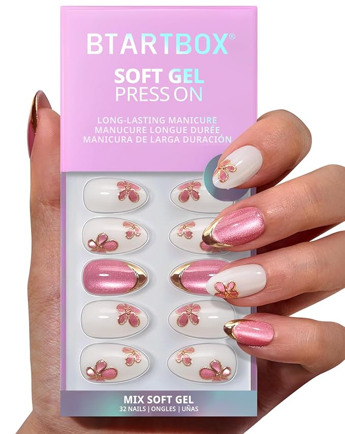 BTArtbox Press On Nails Almond - Confetti Petals, Flower Short Press On Nails with Glue and Adhesive Tabs for Women in 16 Sizes - 32 Soft Gel Glue On Nails Kit