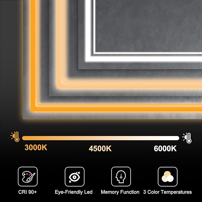 LED Bathroom Mirror 40"x24", 3 Colors Frontlit, Stepless Dimmable, Anti-Fog, Memory, Wall Mounted Vanity Mirror with Lights, Eco Copper-Free, Perfect for Bathroom & Bedroom