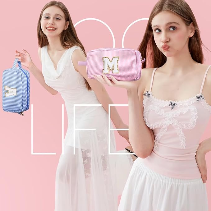 YOOLIFE Birthday Gifts for 6 7 8 9 10 11 12 13 14 15 Year Old Teen Girl - Initial Makeup Bag Letter Toiletry Pouch Cosmetic Case, Personalized Teen Girl Gifts Trendy Stuff Party Favor, Pink R