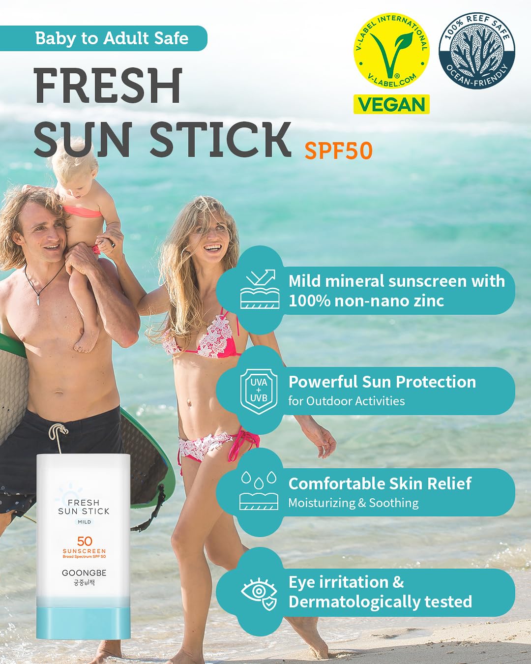 Fresh Sun Stick Mild SPF 50 - No White Cast Zinc Oxide Mineral Sunscreen Stick Balm - Non Greasy Soft Matte Finish - Travel Friendly for Babies, Kids & Adults - Vegan, Reef-Safe, 0.49oz.