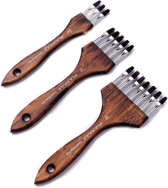 Fuumuui Grainer Brush Set - 3Pcs Professional Multi-Tooth Brushes, Flat Head Comb Brush Set Designed for Textures and Special Effects for Acrylic Painting, Oil & Watercolor, Short Handle