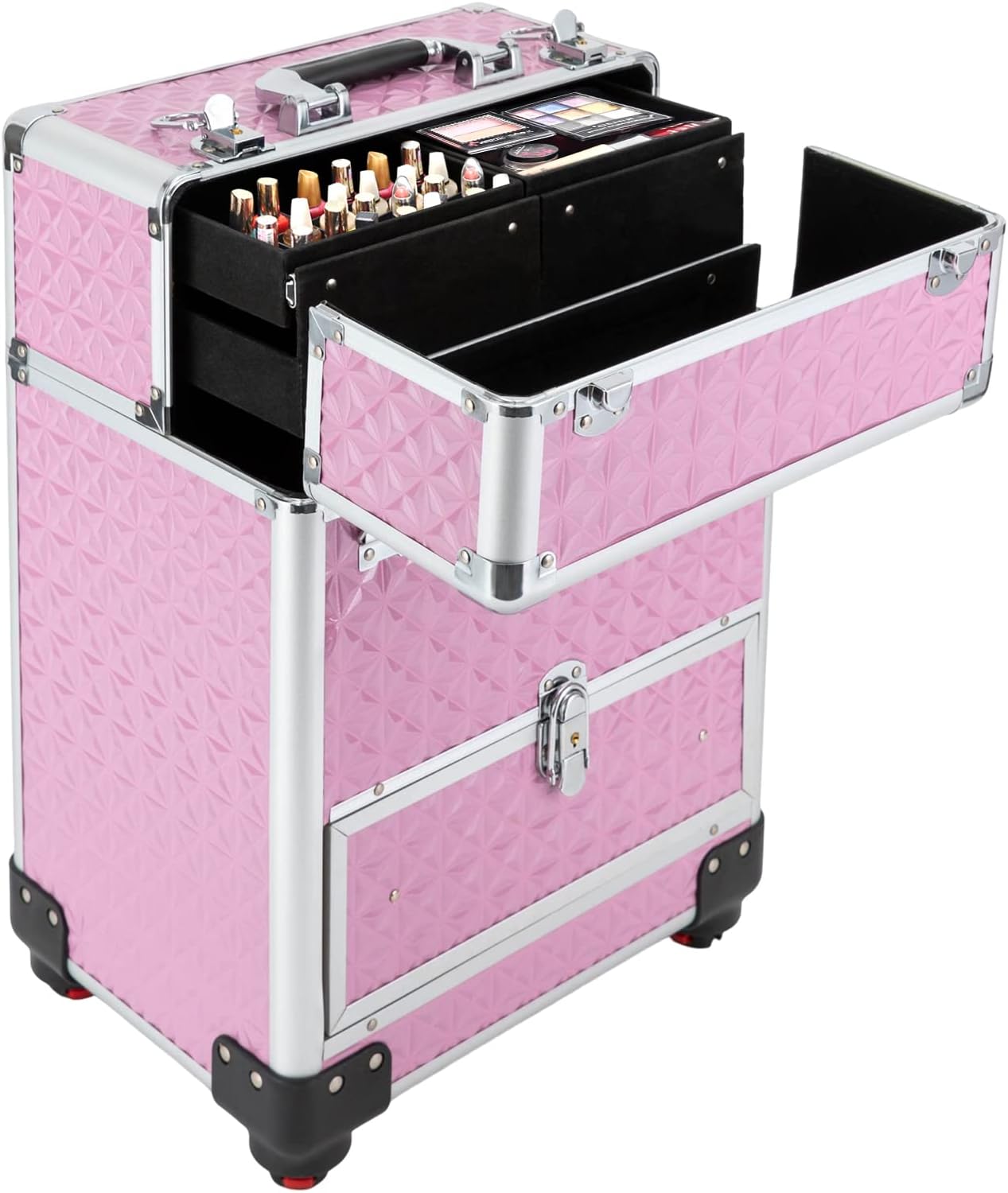 Rolling Makeup Train Case Professional Cosmetic Organizer Large Capacity Trolley Makeup Travel Case with 360° Swivel Wheels for Makeup Artist (Pink)