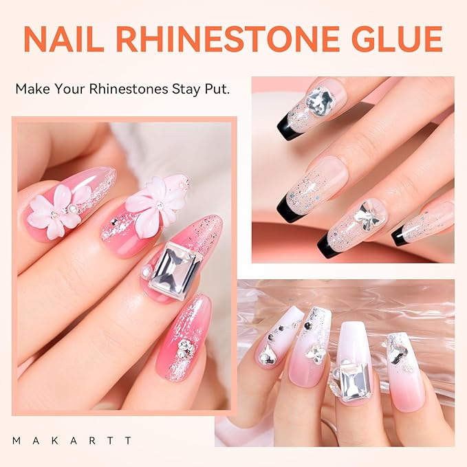 Makartt Rhinestone Glue Gel - Ultra Strong Hold UV/LED Cured Nail Glue Adhesive for Charms, Gems, Diamonds, Chrome & Aurora Powder, 3D Gel Nail Art Sculpting, Glitter, Decals, DIY & Salon Easy Use