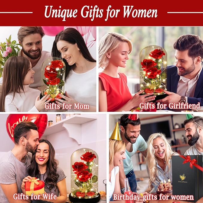 Valentines Day Gifts for Her,Beauty and The Beast Rose in Glass Dome,Anniversary Rose Gifts for Wife,Valentines Flowers Birthday Gifts for Women,Romantic Red Silk Rose Flower Gifts for Women