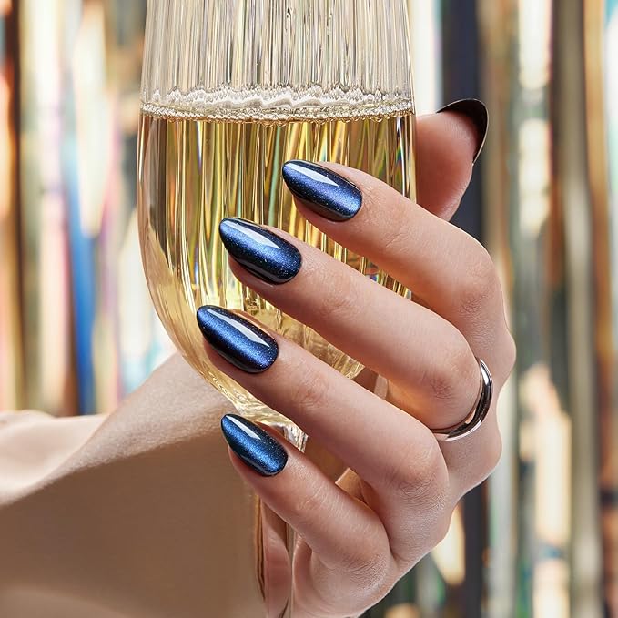 VSALON Press on Nails Short Almond - Blue Cat Eye Chrome Glitter Glossy Glue On Valentine Nails Kit, Reusable Opaque Gel Magnetic Effect Fake Nails with Glue - in 16 Sizes 32 Stick On Nails