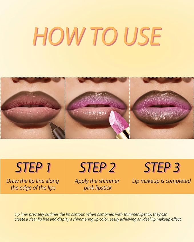 Shimmer Pink Lipstick with Brown Lip Liner Lips Combo Set, Long Lasting Shiny Glitter Diamond Plump Lipstick Kit, Full Coverage High Impact Lip Color, Nonstick Cup Lightweight Lips Makeup for Women-12