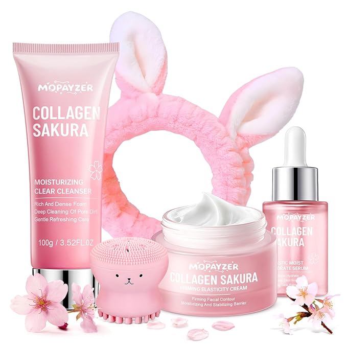 Sakura Skin Care Set for Teen Girls, Skincare Gift Set for Teens 10-12, Hydrating & Soothing, 5 Pcs Collagen Skincare Routine Kit for Women with Cleanser, Serum, Cream, Bunny Headband, Cleansing Brush