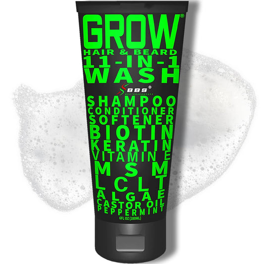 GROW Hair & Beard Wash 11-in-1 – Beard Wash & Conditioner + Beard Growth Shampoo with Biotin, Castor Oil, Peppermint, Keratin – Supports Hair & Beard Growth