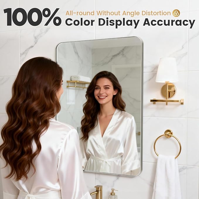 22X34 Inch Brushed Nickel Bathroom Mirror for Wall, Brushed Silver Metal Framed Mirror, Rounded Rectangle Silver Bathroom Mirrors, Tempered Glass, Anti-Rust, Hangs Horizontally or Vertically