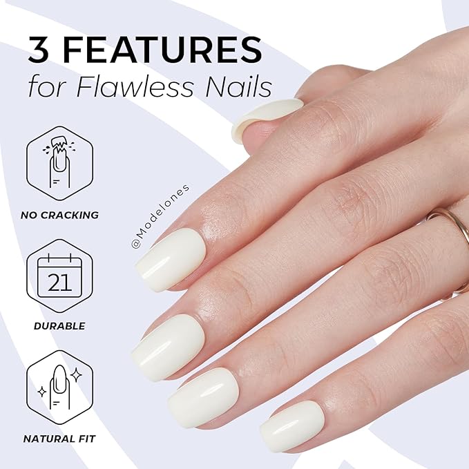 Modelones Milky White Press on Nails, Valentines Short Square Fake Nails, Reusable Nail Kit with Nail Glue Adhesive Tabs Mini Nail File, Nails Press Ons 32Pcs16 Sizes, Women Girl Gift