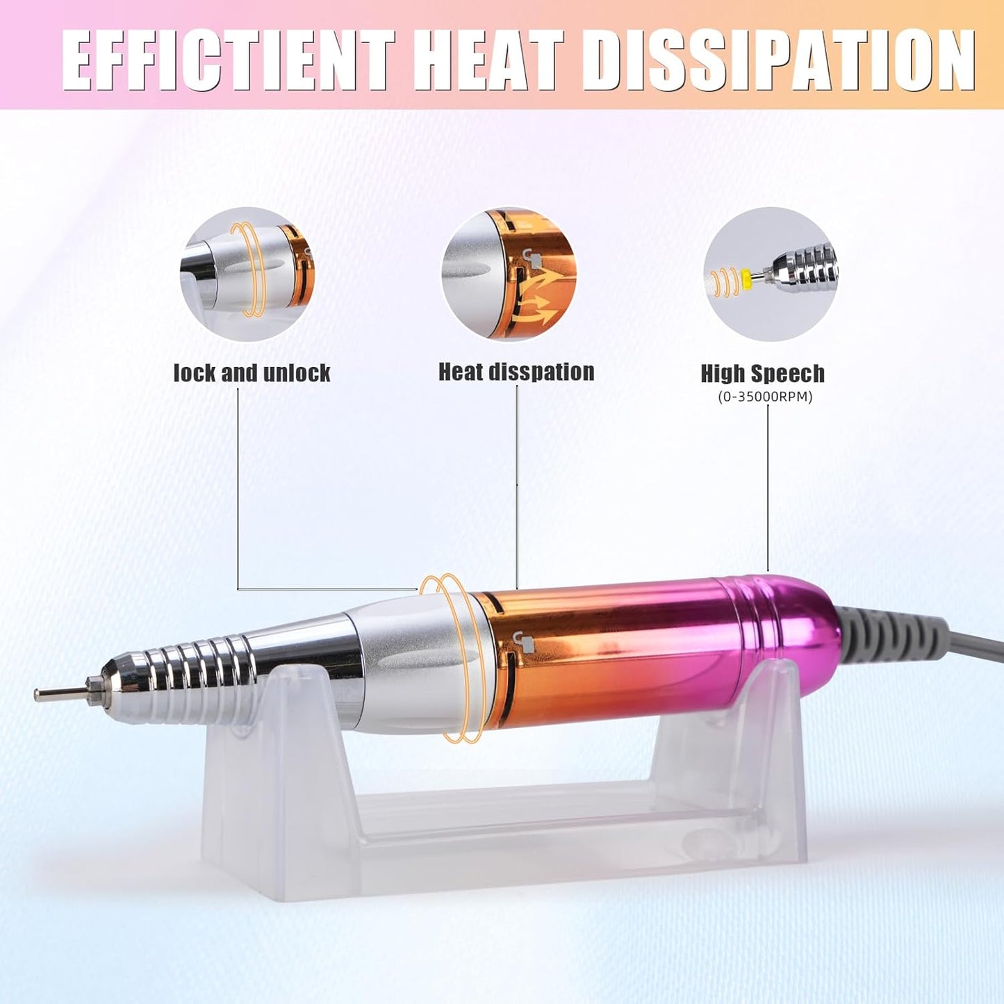 Professional Electric Nail Drill Machine for Acrylic Nails, 35000 RPM Electric Nail File Tool Set, Portable E-File Rechargeable Manicure Pedicure Polish Kit for Home Salon Tech (Heart Sunset Gold)