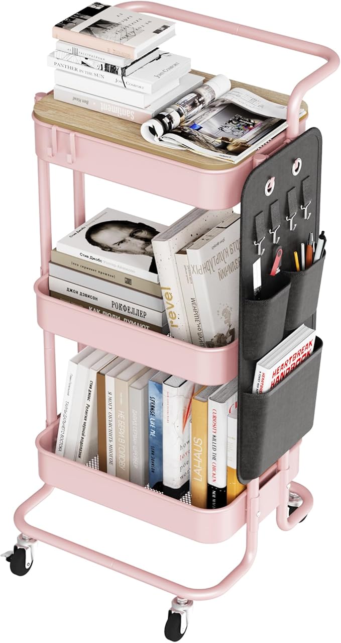 DTK 3-Tier Metal Utility Rolling Cart with Table Top and Side Bags, Art Craft Cart with 4 Hooks for Kitchen, Bathroom, Office, Living Room (Pink)